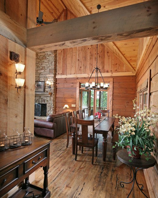 Rough-sawn beams and planks are coupled with the ceiling’s smooth white pine tongue-and-groove