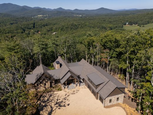 Custom Home The bird's eye view showcases the generous pea gravel motor court of this luxury home in Blairsville Georgia.