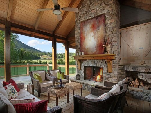 Porch fireplace is directly across from great room fireplace, Hiawassee, Georgia