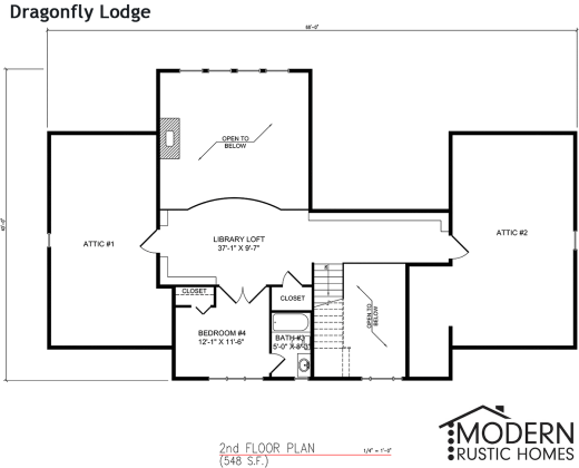 Second-floor plan for Dragonfly Lodge showing attic spaces, library loft, Bedroom 4 with closets, bathroom, stairs, and open-to-below area (Modern Rustic Homes).