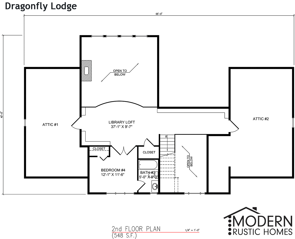 Second-floor plan for Dragonfly Lodge showing attic spaces, library loft, Bedroom 4 with closets, bathroom, stairs, and open-to-below area (Modern Rustic Homes).