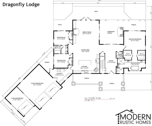 Dragonfly Lodge: 1st-floor plan with Great Room, Kitchen, Dining, Master Suite with bath and walk-in closet, two bedrooms, laundry, porches, deck, and a 2-car garage.