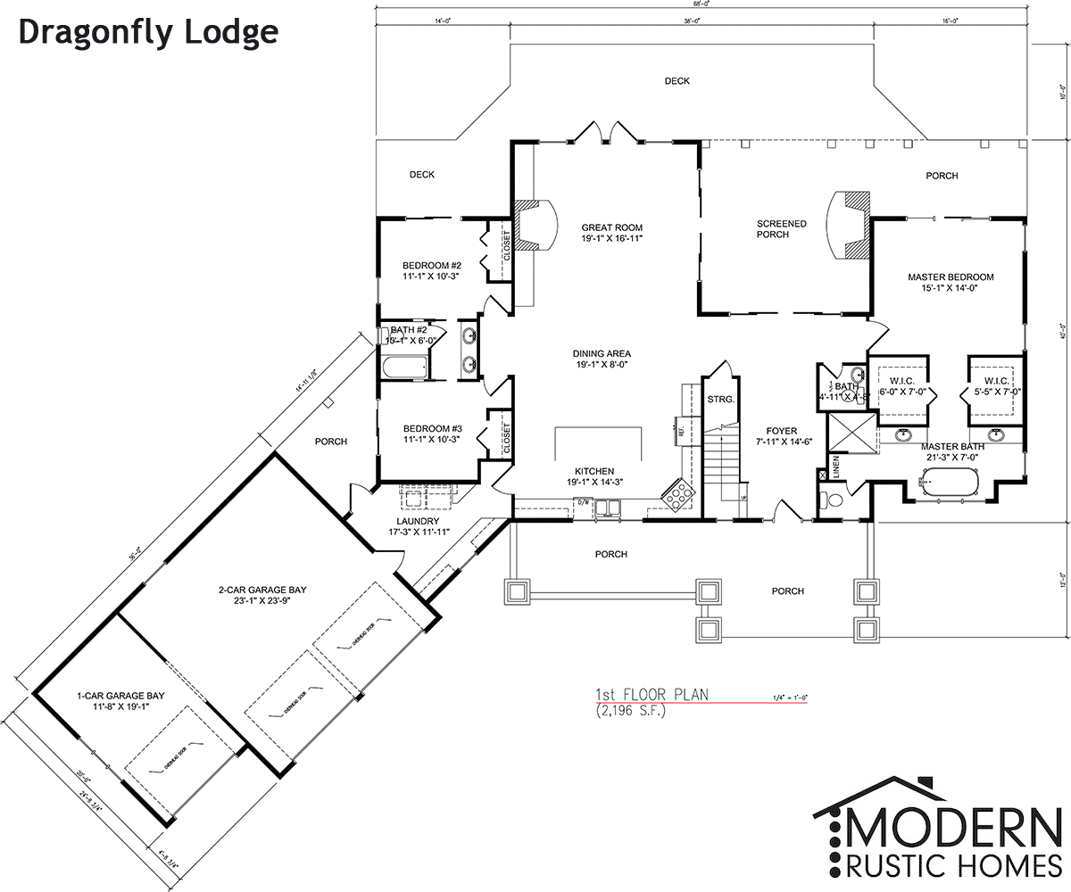 Dragonfly Lodge: 1st-floor plan with Great Room, Kitchen, Dining, Master Suite with bath and walk-in closet, two bedrooms, laundry, porches, deck, and a 2-car garage.